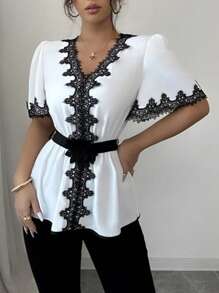 1pc Contrast Color Lace Patchwork Ruffled Belted Shirt