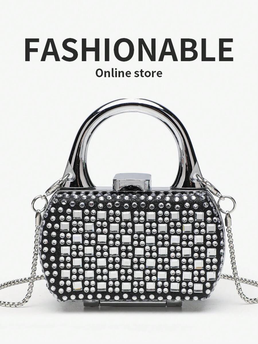 Minimalist High-End Shiny Black Sequin Fashionable Lip Clasp Square Box Handbag, Makeup Bag, Mini Portable Small Bag, Can Be Handheld Or Worn Crossbody, Mini Evening Bag - Black - View 1