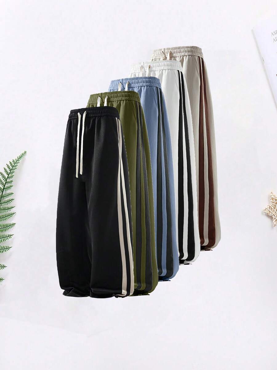 男士宽松华夫格阔腿裤时尚运动休闲夜走健身锻炼垂坠运动长裤 - 黑與白 - 查看 1