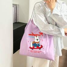 Fashion Shopping Bag Women's Shoulder Bag Nylon Fabric Bag Dog Embroidery Lightweight Storage Bag Commuter Bag Travel Backpack Large Capacity Tote
