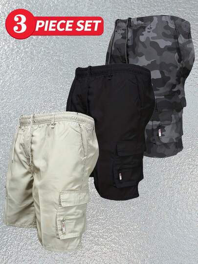 3pcs/Set Men's Casual Solid Color Cargo Shorts, Summer Men's Shorts Set, Men's Multi-Piece Cargo Shorts. The Design Of These Men's Shorts Combines Practicality And Fashion, Creating A Versatile Outfit Suitable For Various Occasions. It Is Suitable For Daily Casual Wear, Weekend Travel, Outdoor Activities, Travel Adventures, Relaxed Work Environments, Or Semi-Formal Settings.