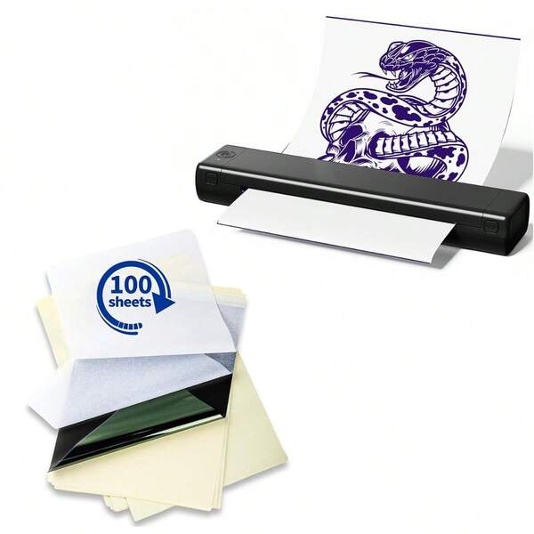 Bezprzewodowa drukarka szablonów do tatuażu Phomemo M08F z 10 arkuszami papieru transferowego A4 i 100 arkuszami papieru transferowego do szablonów w formacie A4 do tatuażu