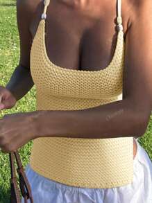 Women Solid Backless Lace Up Knitted Crochet Crop Top Sexy Y2K Tops