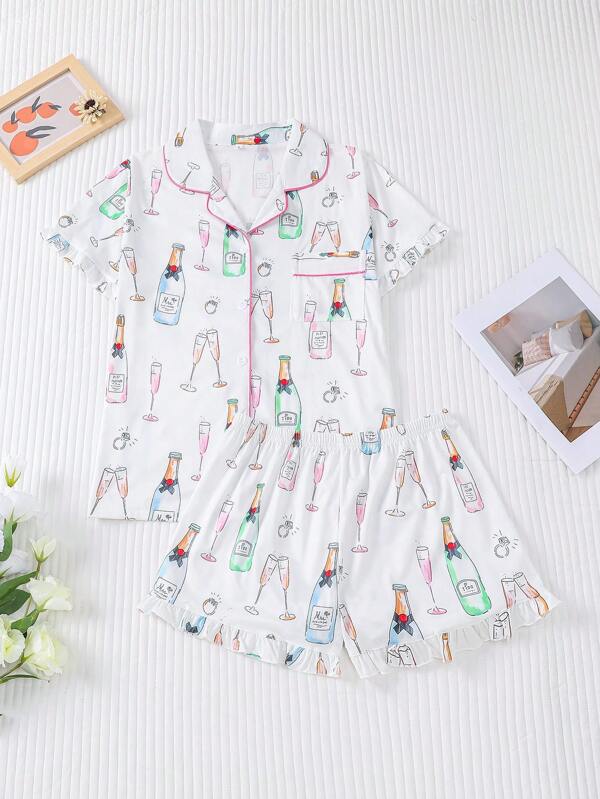 2 pièces Ensemble de pyjama décontracté pour femmes avec imprimé bouteille de vin et champagne, style élégant et confortable pour la maison avec manches plissées. Convient pour toutes les saisons. Haut à manches courtes avec col boutonné et short à taille élastique décontracté