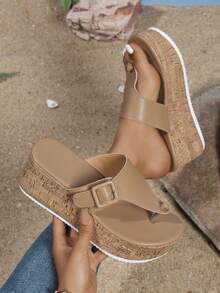 Women's Summer New Thick Bottom Wedge Platform Sandals/Flip Flops,Travel Essential - Khaki - View 6