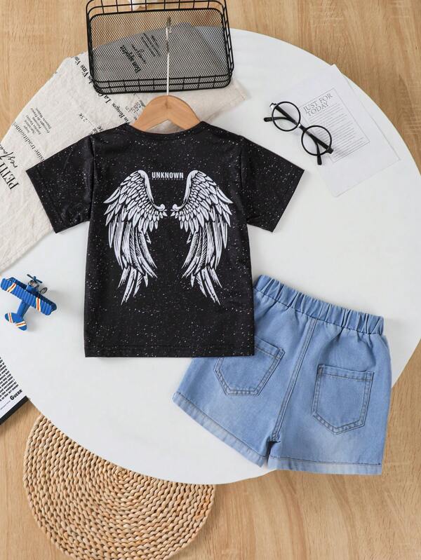 2pcs/Set Young Boys Fashion Street Space Letter Wing Print T-Shirt And Denim Shorts Boys Summer Clothes For Daily Wear, Outdoor, Party And Vacation Black Tshirts 4-7Y