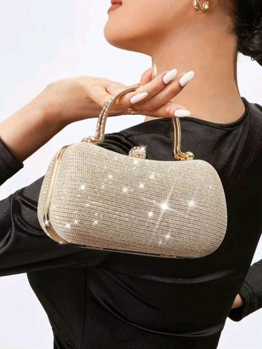 迷人的闪光饰品，亮片，奢华，闪亮迷你水钻装饰链条闪光盒包晚宴包，人造珍珠晚宴包，适合派对女孩、女士、新娘，非常适合派对、婚礼、舞会、晚宴/宴会，ForGlitter 优雅挎包钱包，女士派对晚宴包，时尚蕾丝花朵图案包 - 金色 - 查看 1