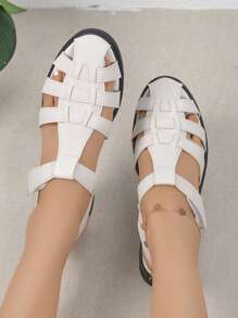 1 Pair Plain Color Bohemian Holiday PU Leather Hollow Out Flat Sandals, For Outdoor Vacation, Beach Wear In Summer