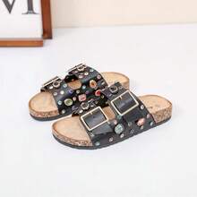 Sandalias de doble correa y punta abierta, zapatillas de verano para primavera, para vacaciones de primavera y Pascua - Negro - Ver 5