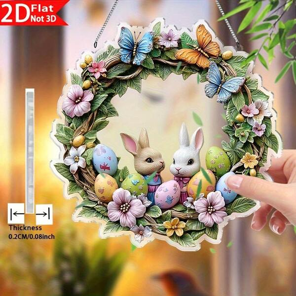 1 pieza de acrílico plano 2D, decoración de pared colgante de cristal plano 2D estilo bohemio - Decoración vibrante de conejo y corona con mariposas y huevos de Pascua, instalación en ventana, adecuado para el hogar, la oficina o la decoración de fiestas, regalos perfectos para Pascua y cumpleaños