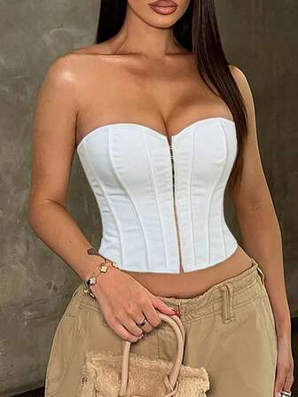 Curve Corset Tops White Sexy Overbust Crop Tube Top Hook Front Lace Up Back Backless Boned Waist Training For Women Shapewear Halloween Plus Size Costumes Going Out Clothes