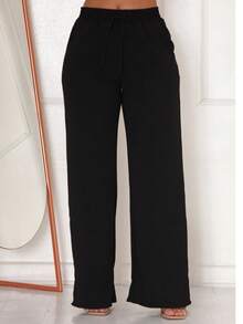 DUNA WOMEN'S PANTS WIDE LEG ELASTIC WAIST HIGH FUNCTIONAL POCKET Color Block Striped Casual Elegant Party Pocket Drawstring Knot - 黑色 - 查看 6