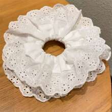 1pc Women's White Elegant French Lace Hollow Floral Scrunchie, Niche Design Elastic Hair Tie, Minimalist Versatile Hair Accessory For Everyday UseScrunchiesscrunchy Hair Ties