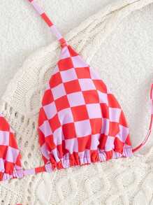Pink Plaid Print Knotted Back Strap Bikini Set, 2-Piece Swimsuit For Women, Summer Beach Holiday