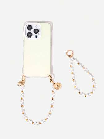 1 件创意手机挂绳，短珍珠手机链带，带金属扣，腕带电话线