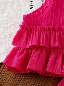 2pcs/Set Baby Girl Summer Lightweight Elegant Fuchsia Striped Sleeveless Ruffle Shoulder Vest Top & Elastic Waist Straight Pants Outfit