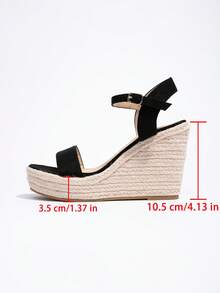 Sandal Wedges Anyaman Jerami Baru Warna Hitam untuk Wanita, Gaya Kasual dengan Tali untuk Liburan, Sandal Platform Roman dengan Sol Tebal dan Tali, Musim Semi/Panas - Hitam - View 9
