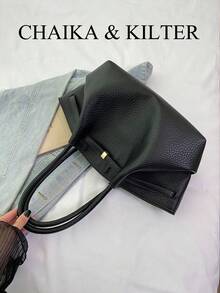 1pc CHAIKA & KILTER Solid Color PU Shoulder Bag, Women Retro Casual Large Capacity Shoulder Tote Bag With Strap Decor, Pleated Design, Adjustable Waist Belt, Double Handles, Magnetic Snap Closure, Suitable For Travel, Shopping, Dating, Women Gift, Fit For Teenager, College Student, Beginner And White-Collar, Ideal For Office, Academy, Work, Business, Commuting, Outdoor, Travel, Outing - Black - View 7