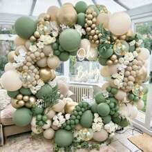 150pcs Greenish-Gray & White Balloon Arch Kit, Green, Beige & Gold Metallic Balloon Garland Set With Multicolor Confetti Balloons, Suitable For Birthday, Wedding, Baby Shower, Bachelor Party Decoration