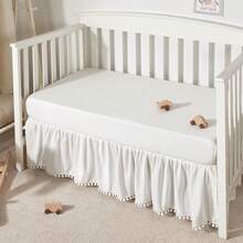 Ruffled Crib Skirt With Pompoms, Microfiber Nursery Crib Toddler Bedding Skirts For Baby Boys Girls, 14'' Drop, White - Multicolor - View 4