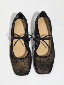 White Women's Flat Ballet Shoes With Bow Decor, Floral Embroidery, Breathable Mesh, Square Toe, Glitter, Wide Fit Mary Jane Sandals For Summer