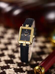 1 pieza Reloj de cuarzo casual cuadrado con correa de piel retro para mujer, apropiado para uso diario
