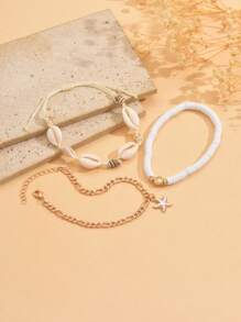 3pc/Set Summer Ocean Style Soft Pottery Shell Beaded Metal White Drip Glaze Starfish Pendant Anklet, Fashion Natural Shell Conch Handmade Woven Rope Women Foot Jewelry For Daily, Beach, Date Decoration