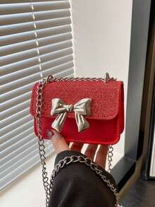 1pc Pu 时尚甜美春季简约西式斜挎包简约时尚通勤小方包韩版时尚包包，搭配西式蝴蝶装饰，时尚链条肩带，百搭休闲高颜值包包，适合外出、户外、日常使用，是送给朋友的完美礼物
