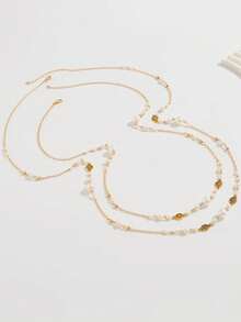 1set/2pcs Luxury Faux Pearl Layered Necklace & Sweater Chain, Retro Tassels Charm, Intricate Design Hollow Flower Chain With Pendant, Suitable For Women Daily, Vacation, Party Wear - Gold - View 3