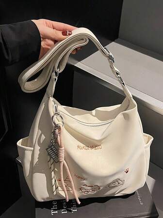 2025 New Popular Women's Shoulder Bag, Small Niche Design, Large Capacity, Commuter Casual Versatile Minimalist Fashion Crossbody Bag, PU Texture Faux Denim Design, Solid Color, Comfortable Material Tote Bag With Zippers, Removable Long Shoulder Strap, Multiple Pockets, Roomy Space, Fall Tote