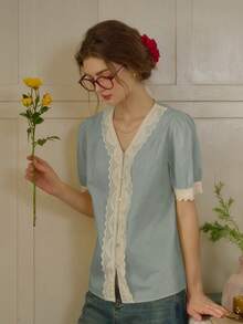 Simple Retro Women's Spring - Summer Elegant V - Neck Lace - Trimmed Woven Shirt Graduation Season, Opening Season, Ladylike Elegance Summer Tops Blue Top Commuter Office Interview French Elegance - Light Green - View 5