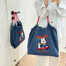 Fashion Shopping Bag Women's Shoulder Bag Nylon Fabric Bag Dog Embroidery Lightweight Storage Bag Commuter Bag Travel Backpack Large Capacity Tote