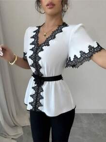 1pc Contrast Color Lace Patchwork Ruffled Belted Shirt