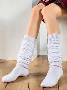 1 Pair Women's Loose Elephant Pattern Knitted Leg Warmers, Comfortable Thigh High Socks, Collegiate Style Over-The-Knee & Calf Socks, Knitted Bubble Long Socks, Suitable For Pairing With Various Casual Outfits, Comfortable And Warm. - White - View 1