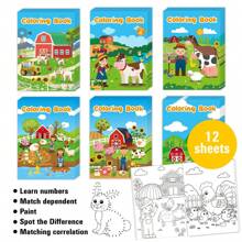 Paquete de 6 libros para colorear infantiles - Temas de animales de granja/cuidado de la piel y maquillaje, libros para colorear de juegos de fiesta, dibujos animados, entrenamiento de habilidades motoras finas, juegos de unir puntos para colorear, adecuado para niños de 3 a 5 años, regalo de regreso a la escuela, recuerdos de fiesta, regalo diario
