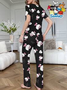 Sanrio Conjunto de 2 piezas de Hello Kitty, top de cuello redondo de manga corta y pantalón con cintura elástica, ropa casual de estar en casa para mujer