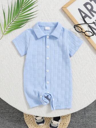 Summer Baby Boy Minimalist Blue Fresh Style Lapel Buttons Front Short Sleeve Romper, Newborn Romper