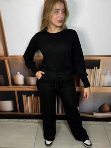 WOMEN'S WINTER SET OF PANTALON PANTS, HIGH WAIST WITH ELASTIC AND FLUSH BLOUSE - Black - View 3