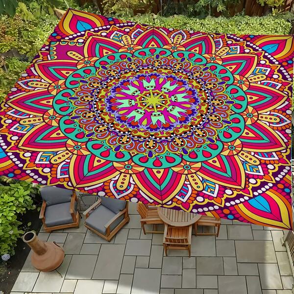 1 pezzo Tenda ombreggiante da esterno con stampa digitale, tenda da patio, motivo floreale mandala in stile europeo vintage, resistente allo scolorimento, in tessuto di poliestere di qualità, resistente, con 4 corde incluse, lavabile, adatta per uso esterno, giardino, campeggio, spiaggia, 150 g/mq