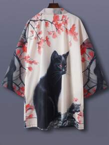 Japanese Style Crane Printed Loose Kimono Cover Up, Vintage Minimalist Jacket, Unisex Casual Spring/Summer Beach Wear, Street Style, Travel, Vacation, Cosplay Costume