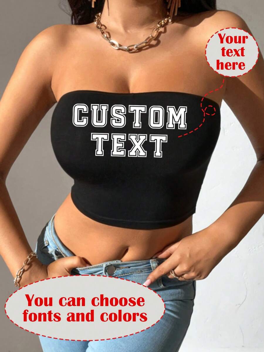 Short Bandeau Top, Personalized Printed Women's Crop Top, Add Your Text Name Slogan, Custom Design Lettering Workout Top Black - Black - View 1