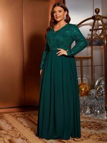 Vestido Longo Maxie de Chiffon com Renda e Paetês, Vestido de Festa Elegante em Plus Size