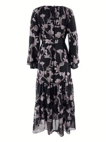 女式夏季全身印花薄款长裙，配有腰带和衬里。 - 黑色 - 查看 4