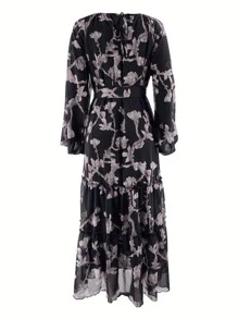 Vestito lungo e sottile da donna per l'estate, con stampa su tutto il corpo, cintura e fodera