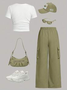 青少年套装，优雅修身字母印花 T 恤和绿色工作服长裤两件套西装适合日常穿着。 - 彩色 - 查看 2