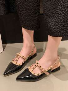 Zapatos con tacón ancho de 3,5 cm, contraste de color, estilo básico preppy, calles, punk, de piel de PU con remaches, adecuados para uso al aire libre en primavera y otoño