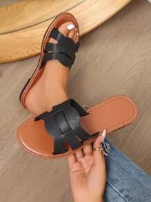 Nuevas chanclas de moda de primavera/verano para mujer, sandalias de deslizamiento romano casual con tira, cómodas sandalias tipo mula sin cordones, plantilla plana en negro/beige/marrón, diseño Desert Key recomendado por bloggers, sandalias cuña con pedrería en la suela gruesa, zapatos de playa de verano, sandalias minimalistas francesas de tira con tacón bajo y punta redonda