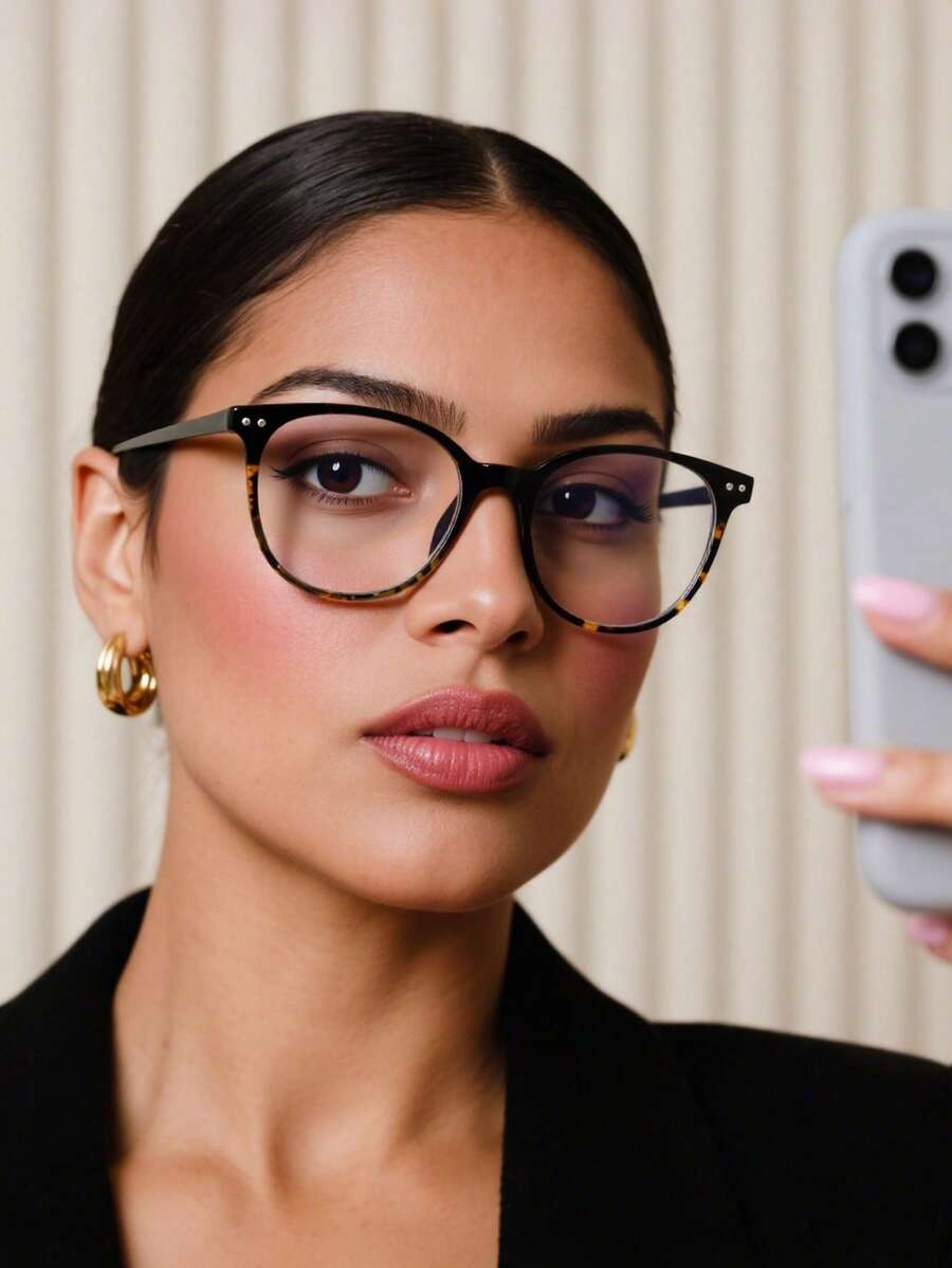 1 par de gafas de mujer de acrílico con montura redonda de bloques de color, ligeras y de moda, adecuadas para lectura diaria y transporte