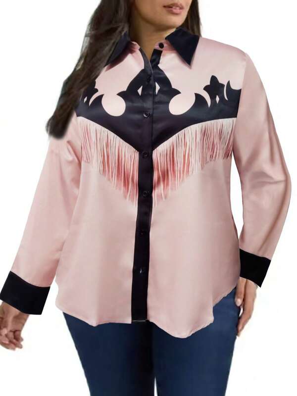 Women Commuting New Style Contrast Color Fringe Pattern Long Sleeve Blouse