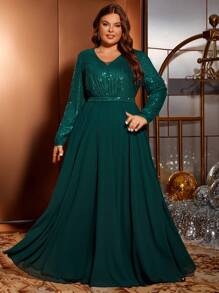 Vestido Longo Maxie de Chiffon com Renda e Paetês, Vestido de Festa Elegante em Plus Size